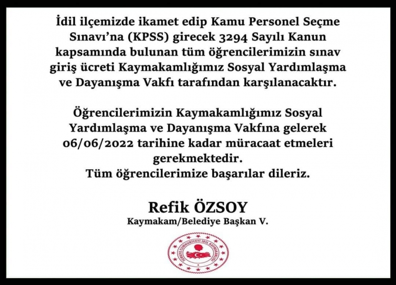 Kaymakamdan KPSS’ye girecek olan öğrencilere maddi destek