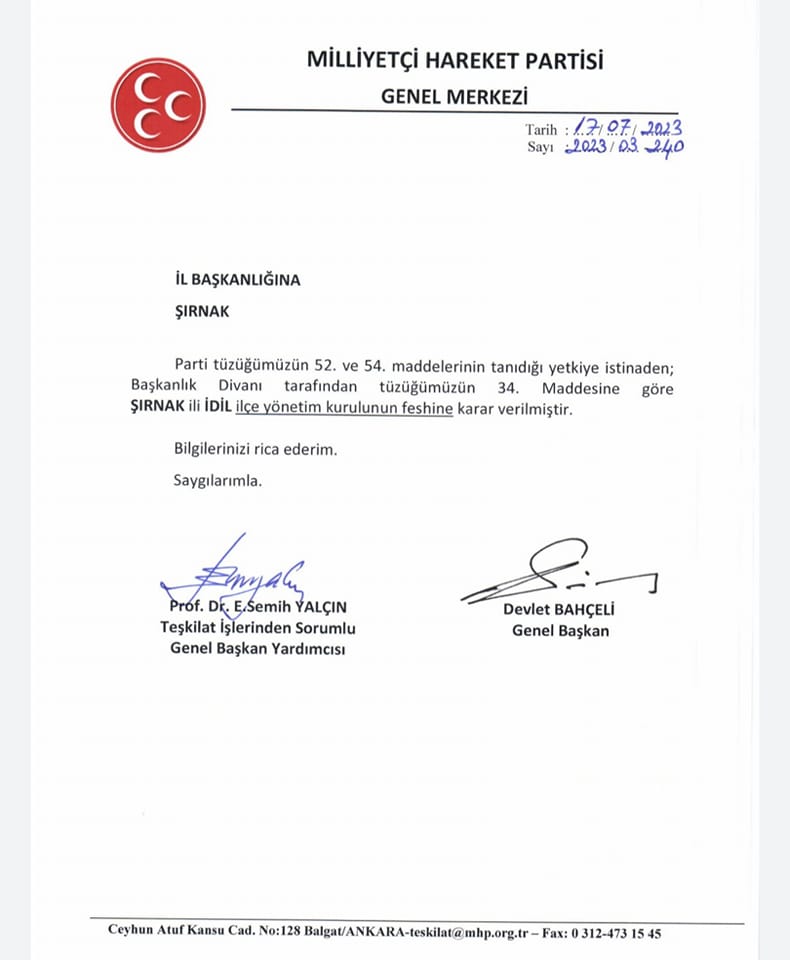 MHP idil ilçe teşkilatı yönetimi, Bahçeli’nin talimatıyla feshedildi.