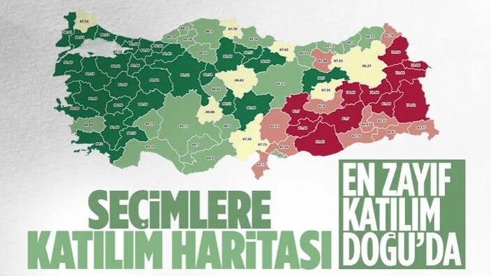 Türkiye'de il il 14 Mayıs seçimlerine katılım haritası