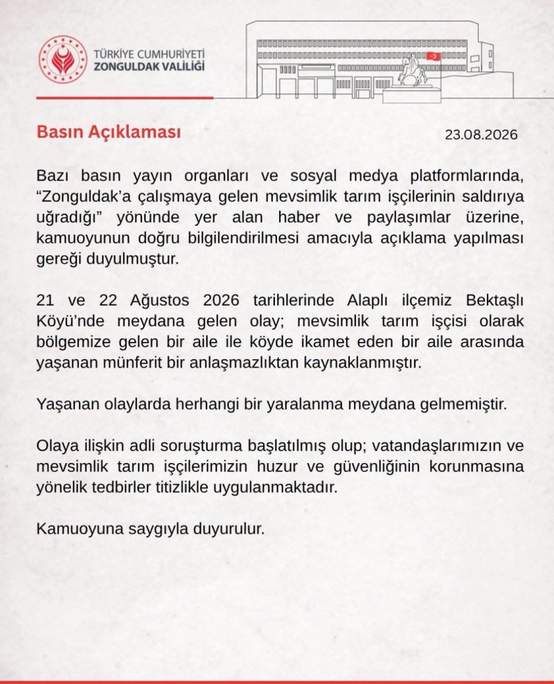 Zonguldak Valiliği, Şırnaklı mevsimlik tarım işçileriyle ilgili açıklama yaptı