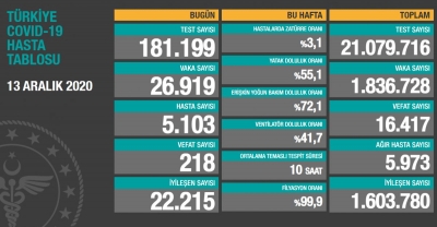 13 Aralık Türkiye'de koronavirüste son durum 