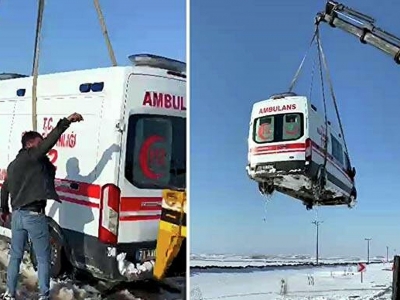 İdil’de Kara Saplanan Ambulans Vinçle Kurtarıldı 