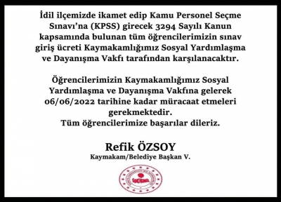 Kaymakamdan KPSS’ye girecek olan öğrencilere maddi destek